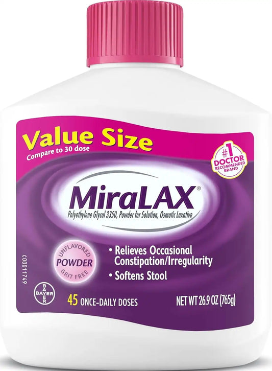 MiraLAX, Laxative Powder, Gentle Constipation Relief for Adults, Stool Softener with PEG 3350, Nonstimulant Laxative, No Harsh Side Effects, Osmotic_Laxative, 45 Count, 26.9 Ounce (Pack of 8)