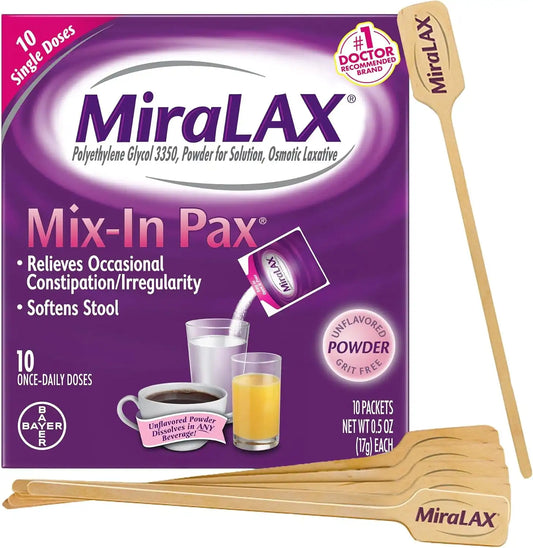MiraLAX Gentle Constipation Relief Laxative Powder, Stool Softener with PEG 3350, No Harsh Side Effects, Single Dose Mix-In Pax with Mixing Stirrers, Travel Pack, 10 Dose