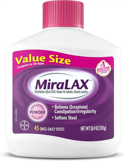 MiraLAX, Laxative Powder, Gentle Constipation Relief for Adults, Stool Softener with PEG 3350, Nonstimulant Laxative, No Harsh Side Effects, Osmotic Laxative, 45 Count