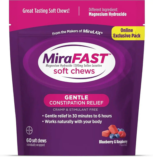 MiraFAST Soft Chews, from the Makers of MiraLAX, Gentle Constipation Relief, Fast Acting, Stimulant Free Saline Laxative, Magnesium Hydroxide, Blueberry & Raspberry Flavor, 60ct (Pack of 12)